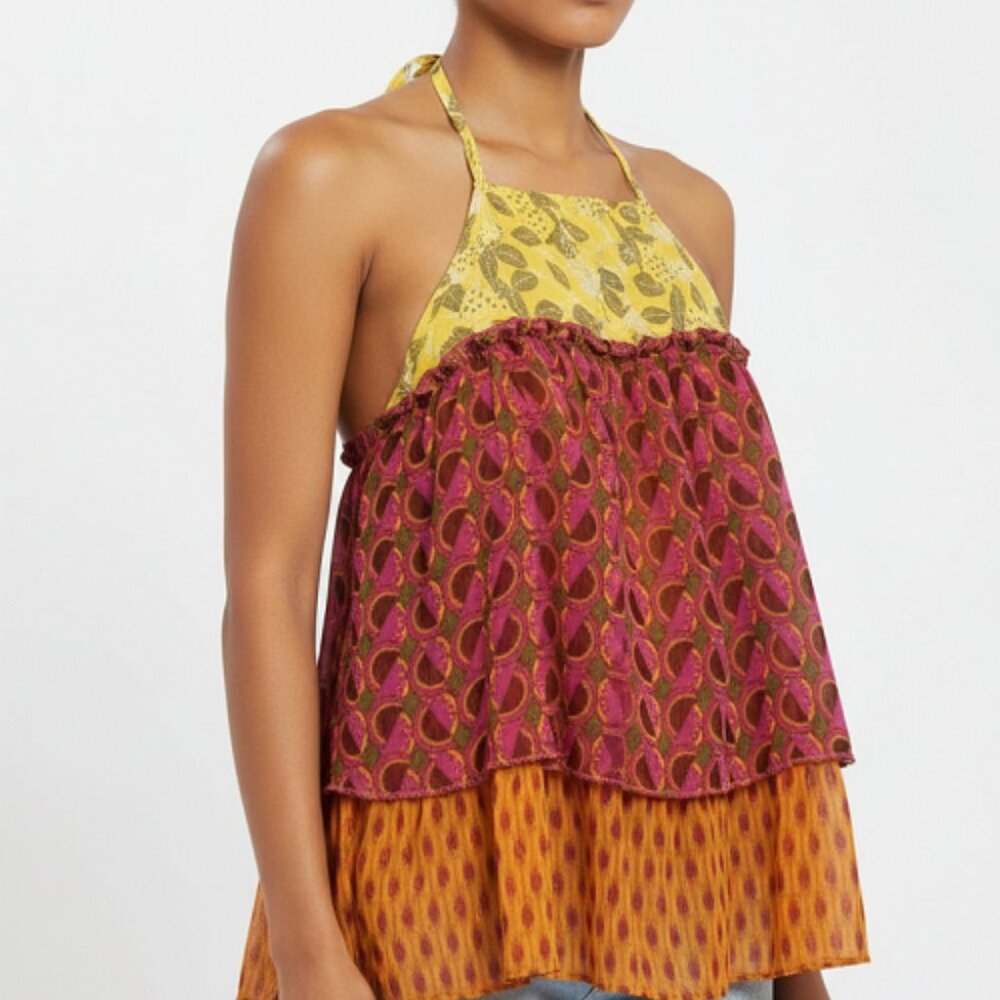 NWT ZARA Flowy Tiered Boho Halter Top Women's Size Large Multi-colored